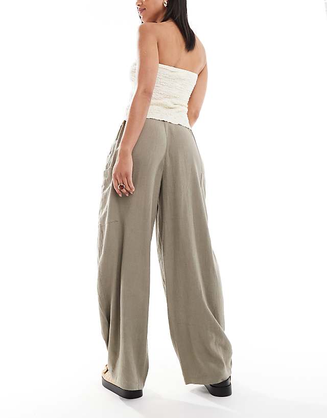 ASOS DESIGN Linen Blend Barrel Leg Utility Trousers In Olive