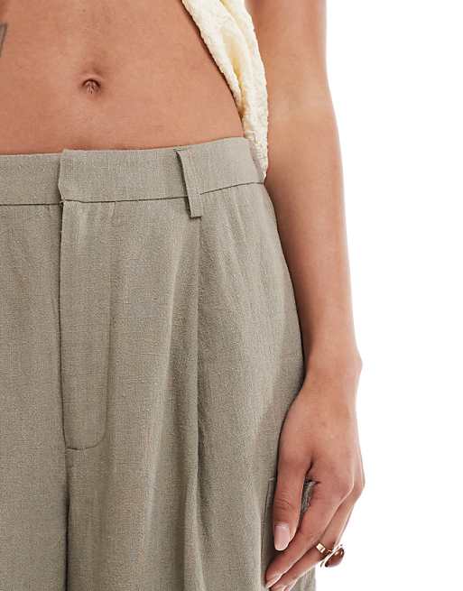 ASOS DESIGN Linen Blend Barrel Leg Utility Trousers In Olive