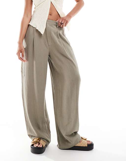 ASOS DESIGN Linen Blend Barrel Leg Utility Trousers In Olive