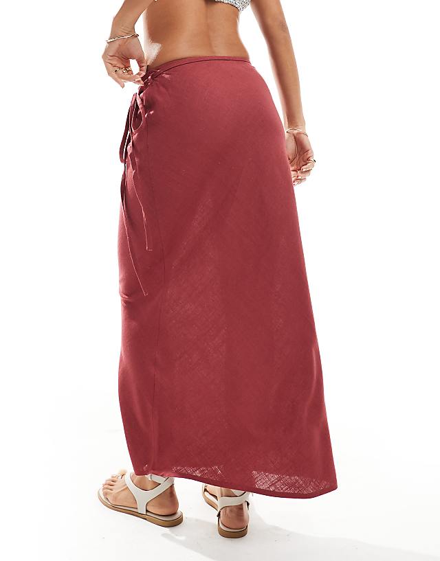ASOS DESIGN Linen Blend Bias Maxi Skirt In Burgundy