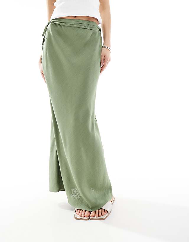 ASOS DESIGN Linen Blend Bias Maxi Skirt In Khaki