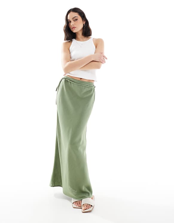 ASOS DESIGN linen blend bias maxi skirt in khaki
