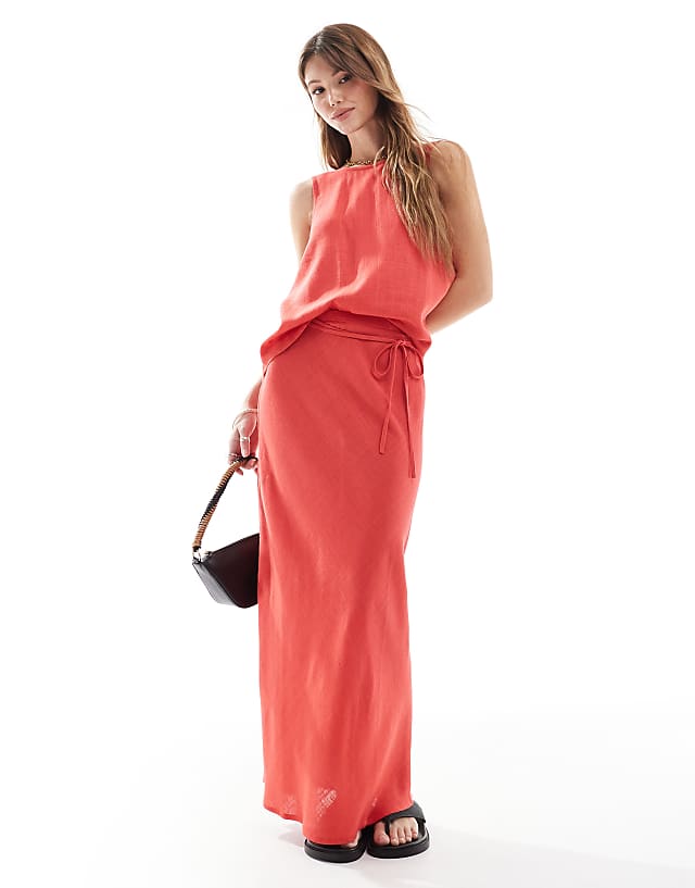 ASOS DESIGN linen blend bias midi skirt in red