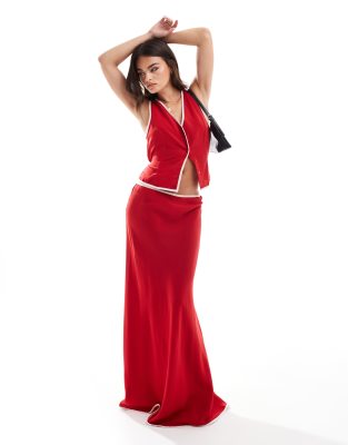 ASOS DESIGN Linen Blend Contrast Waistcoat And Skirt Co Ord In Red