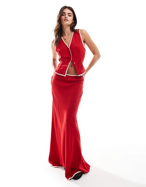 ASOS DESIGN linen blend contrast waistcoat and skirt co ord in red