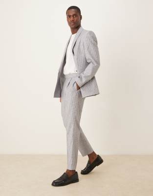ASOS DESIGN Linen Blend Double Breasted Regular Suit In Blue Stripe