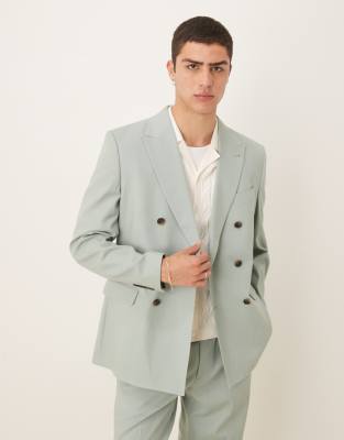 ASOS DESIGN Linen Blend Double Breasted Regular Suit In Green