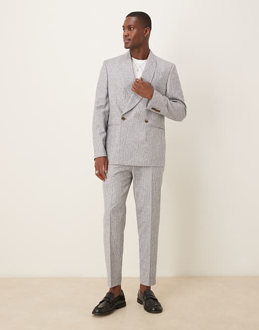 ASOS DESIGN Linen Blend Double Breasted Regular Suit In Blue Stripe