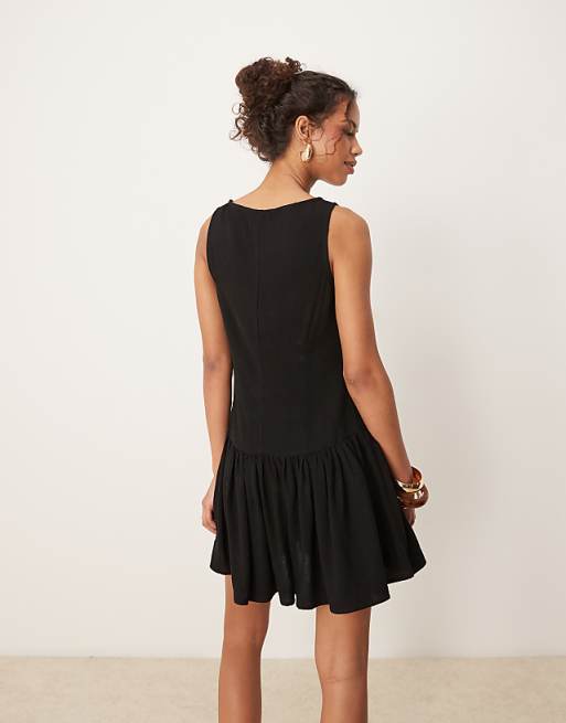 ASOS DESIGN Linen Blend Drop Waist Mini Dress In Black