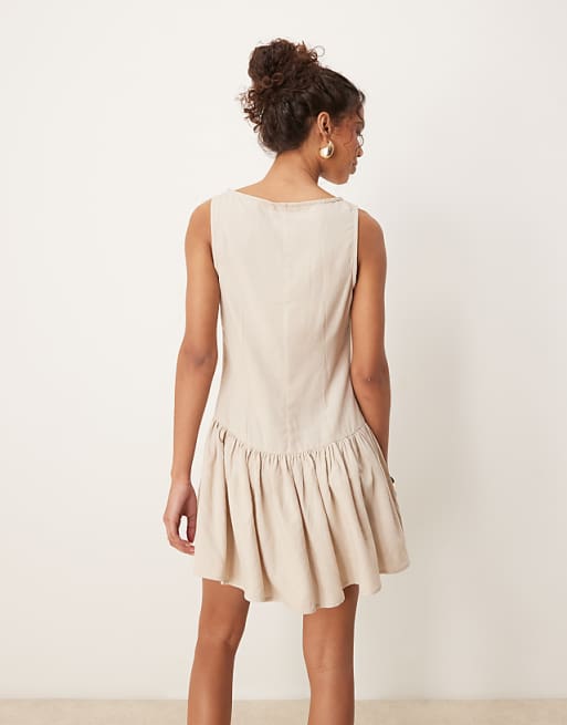 ASOS DESIGN Linen Blend Drop Waist Mini Dress In Mocha