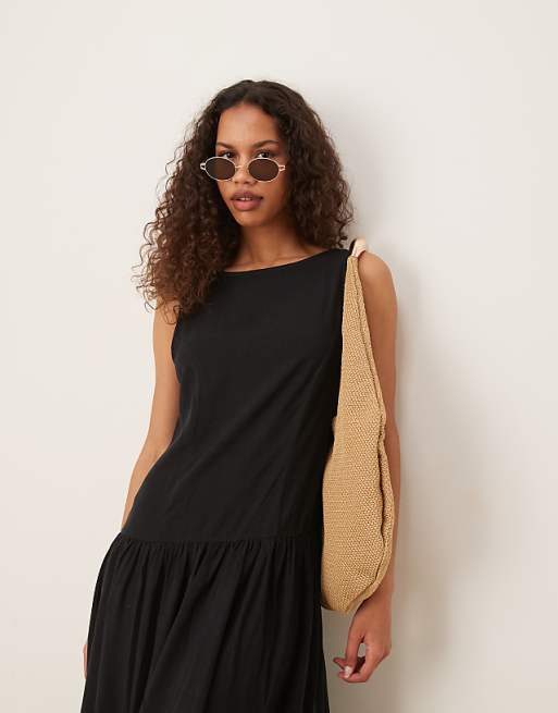 ASOS DESIGN Linen Blend Low Back Drop Waist Maxi Dress In Black