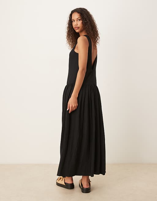 ASOS DESIGN Linen Blend Low Back Drop Waist Maxi Dress In Black
