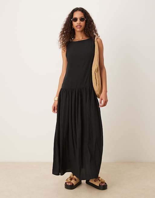 ASOS DESIGN Linen Blend Low Back Drop Waist Maxi Dress In Black