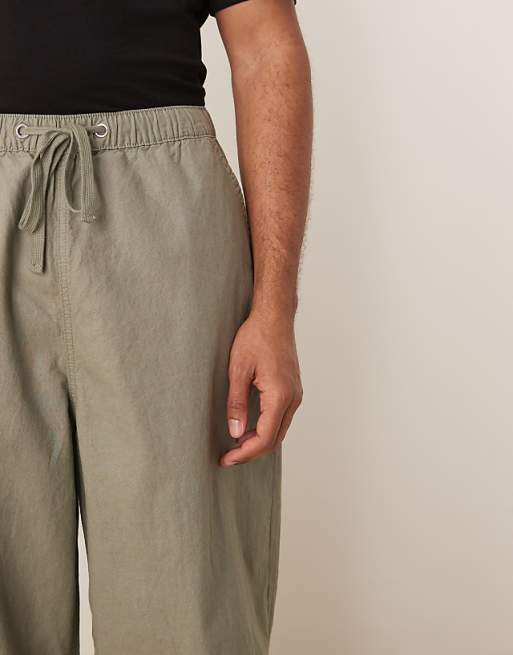 ASOS DESIGN Linen Blend Parachute Trousers In Khaki