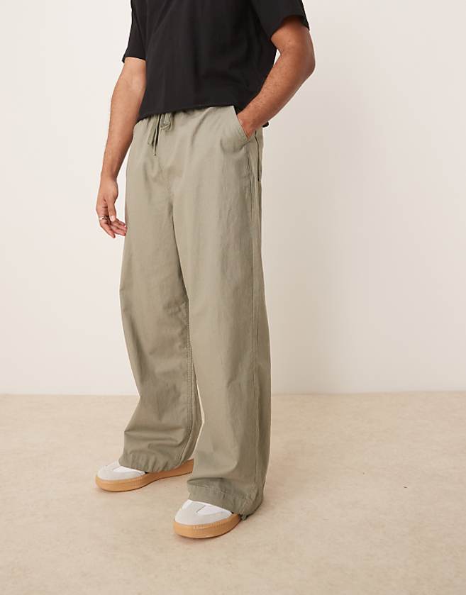 ASOS DESIGN Linen Blend Parachute Trousers In Khaki
