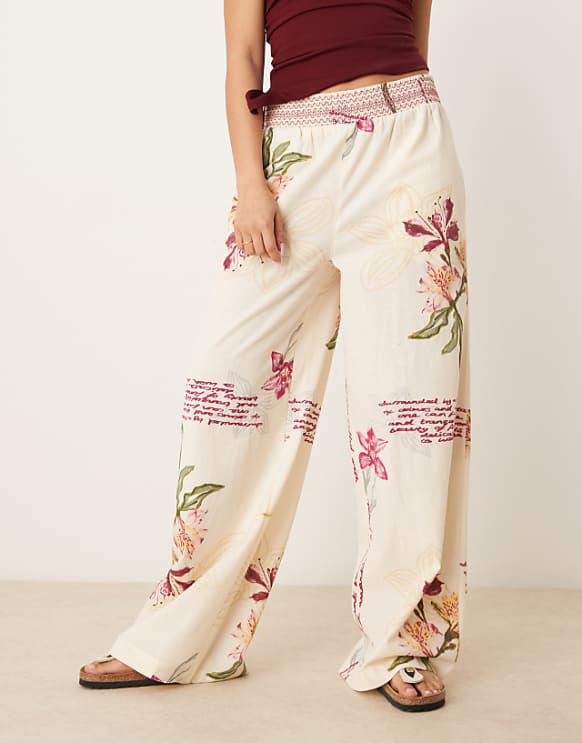 ASOS DESIGN Linen Blend Pull On Wide Leg Trousers With Shirred Waist Detail In Floral Print
