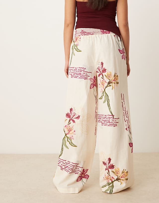 ASOS DESIGN Linen Blend Pull On Wide Leg Trousers With Shirred Waist Detail In Floral Print