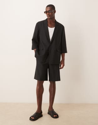 ASOS DESIGN Linen Blend Shorter Sleeve Suit In Black