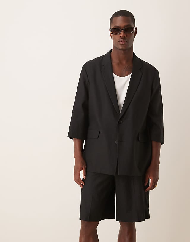 ASOS DESIGN linen blend shorter sleeve suit in black