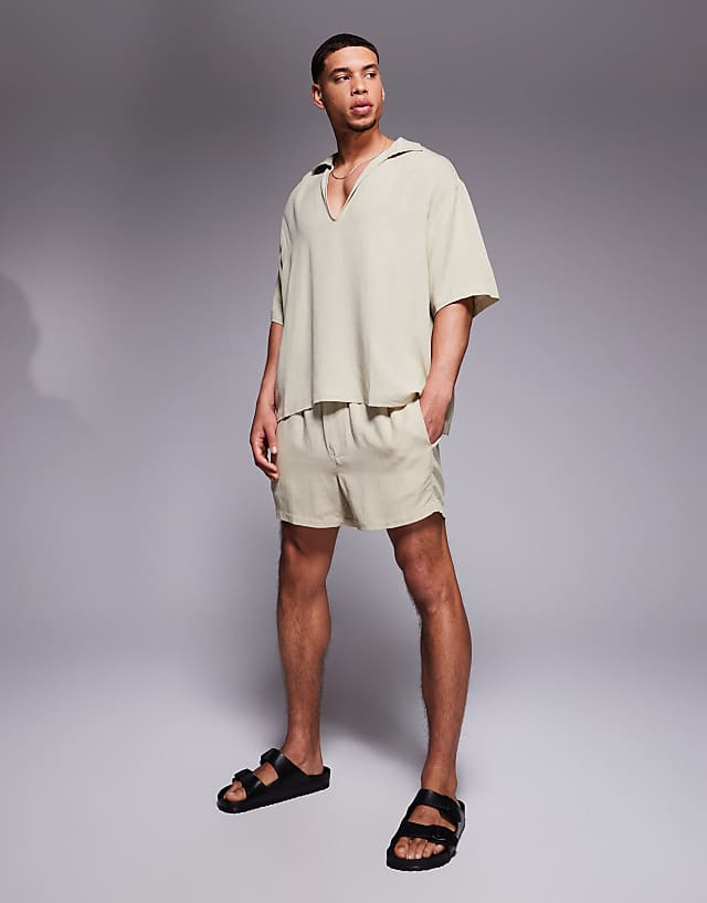 ASOS DESIGN linen blend shorts in short length in brown