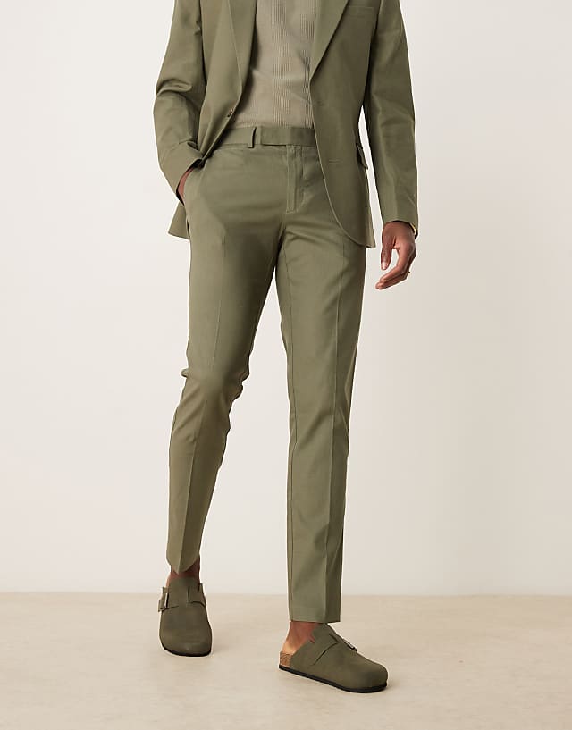 ASOS DESIGN Linen Blend Skinny Suit Trousers In Olive