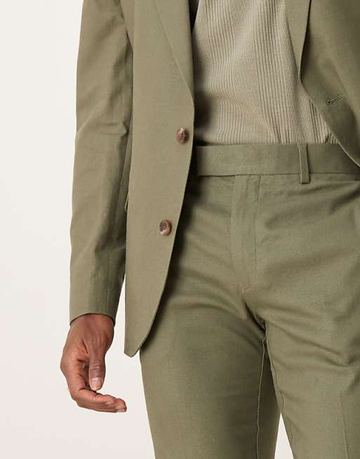 ASOS DESIGN Linen Blend Skinny Suit Trousers In Olive
