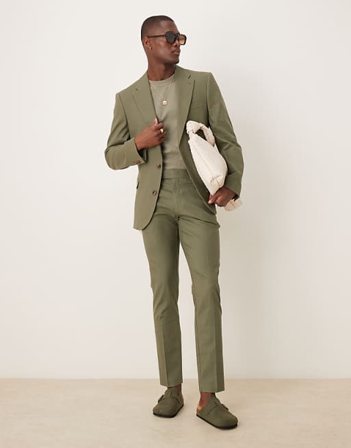 ASOS DESIGN linen blend skinny suit trousers in olive