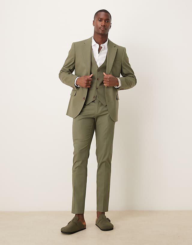 ASOS DESIGN Linen Blend Skinny Suit Waistcoat In Olive