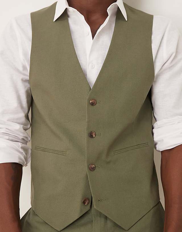 ASOS DESIGN Linen Blend Skinny Suit Waistcoat In Olive