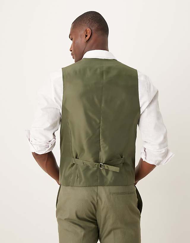 ASOS DESIGN Linen Blend Skinny Suit Waistcoat In Olive
