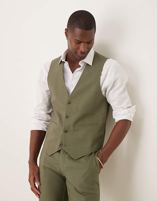 ASOS DESIGN linen blend skinny suit waistcoat in olive