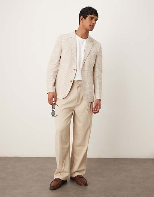 ASOS DESIGN Linen Blend Slim Blazer In Stone Gingham Check