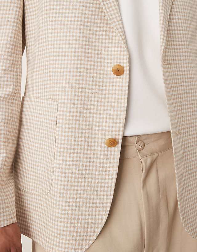 ASOS DESIGN Linen Blend Slim Blazer In Stone Gingham Check