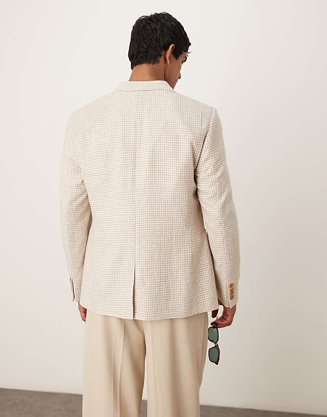 ASOS DESIGN Linen Blend Slim Blazer In Stone Gingham Check