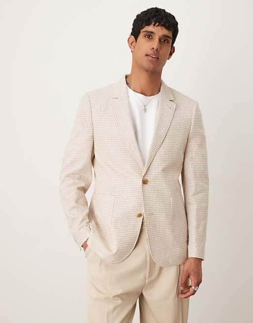 ASOS DESIGN linen blend slim blazer in stone gingham check