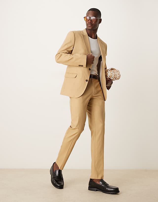 ASOS DESIGN Linen Blend Slim Fit Suit In Beige