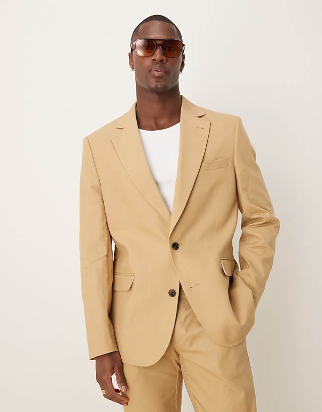 ASOS DESIGN Linen Blend Slim Fit Suit In Beige