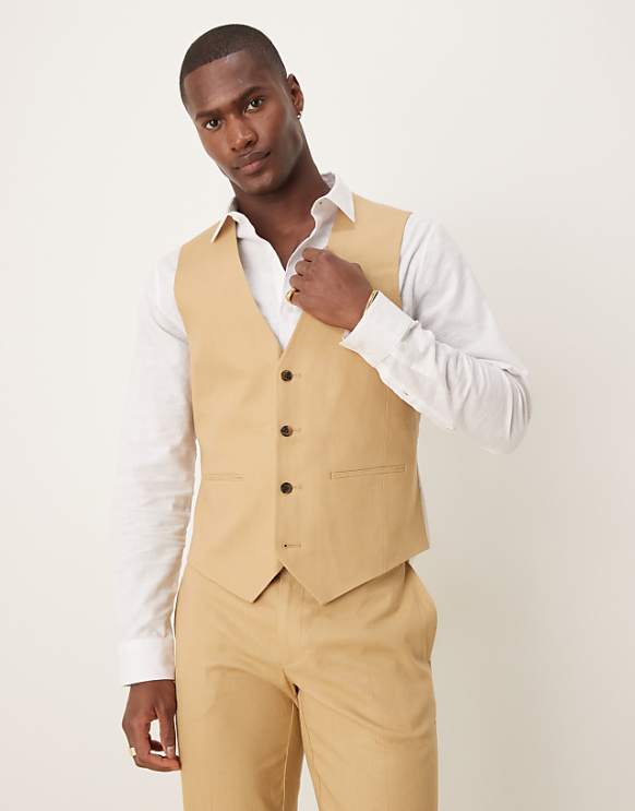 ASOS DESIGN Linen Blend Slim Fit Suit In Beige