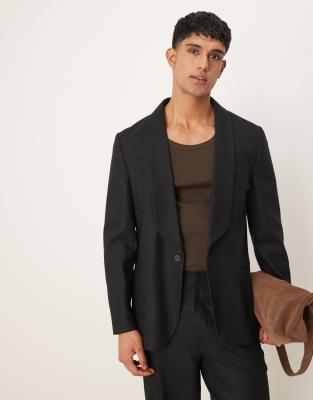 ASOS DESIGN Linen Blend Slim Shawl Suit In Black Twill