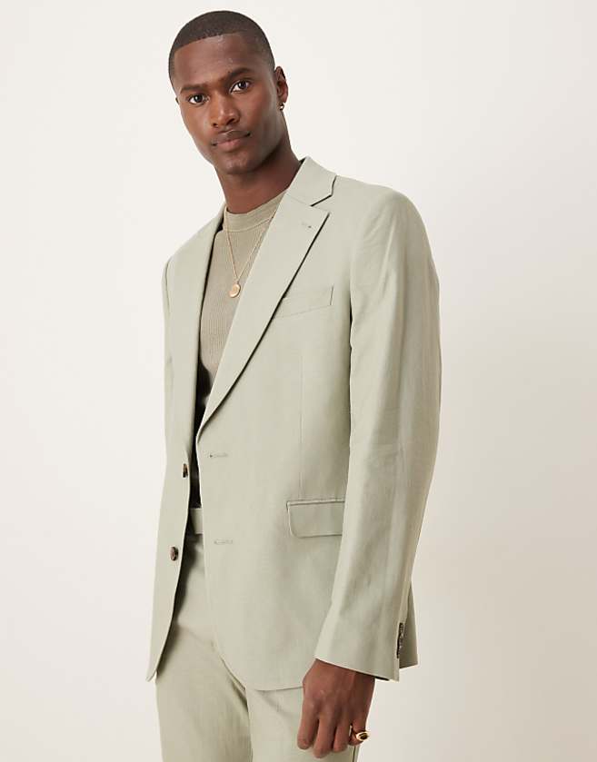 ASOS DESIGN Linen Blend Slim Suit In Sage Green