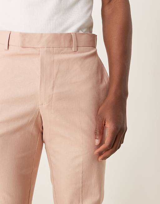 ASOS DESIGN Linen Blend Slim Suit Trousers In Pink