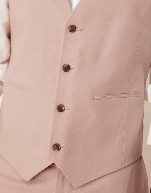 ASOS DESIGN Linen Blend Slim Suit Waistcoat In Pink