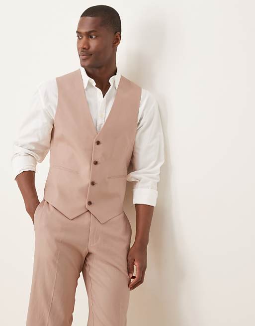 ASOS DESIGN linen blend slim suit waistcoat in pink