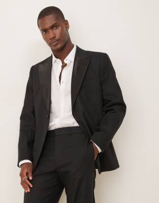 ASOS DESIGN Linen Blend Slim Tuxedo Suit In Black