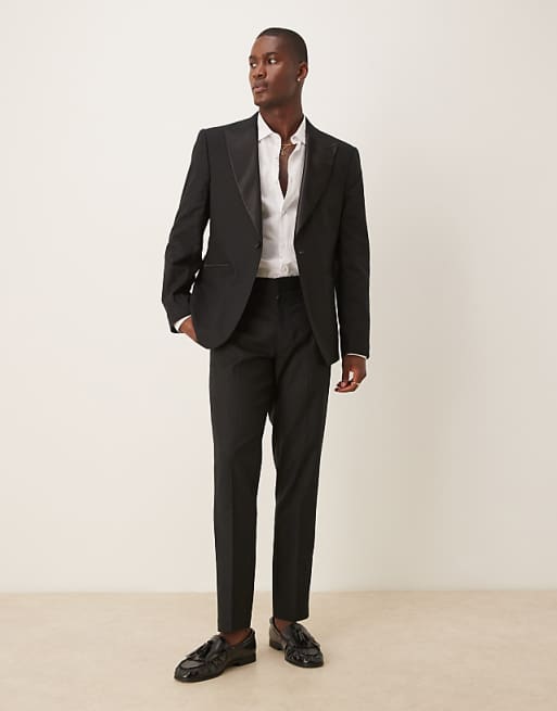ASOS DESIGN linen blend slim tuxedo suit in black