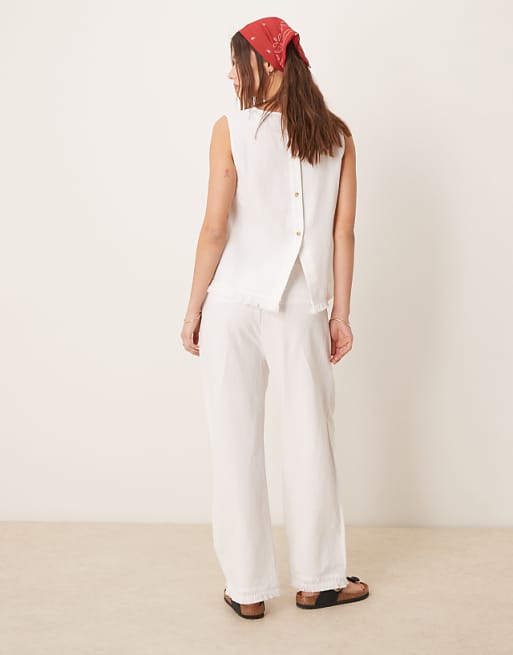 ASOS DESIGN Linen Blend Straight Leg Trousers With Tassel Hem Co-ord In White