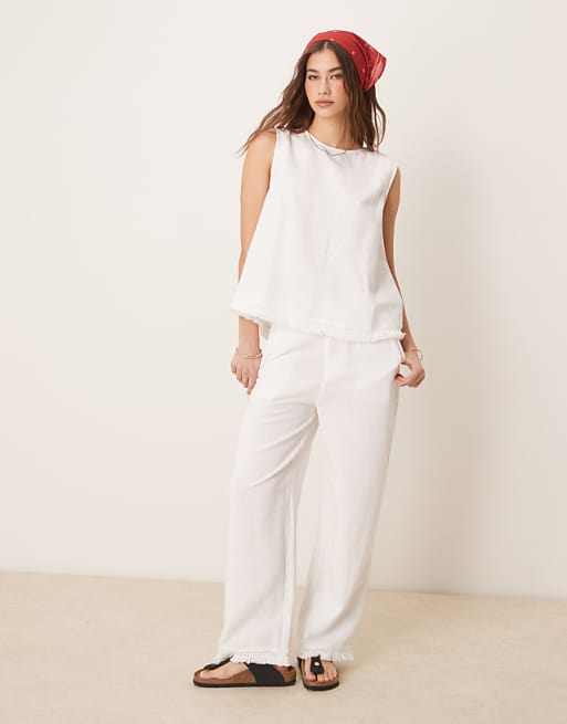 ASOS DESIGN Linen Blend Straight Leg Trousers With Tassel Hem Co-ord In White