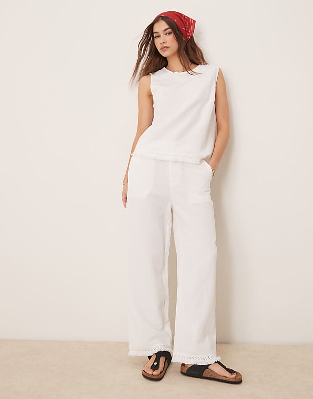 ASOS DESIGN linen blend straight leg trousers with tassel hem co-ord in white