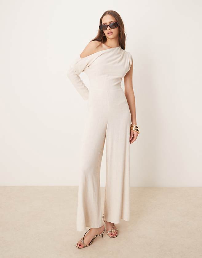 ASOS DESIGN Linen Fallen Shoulder Jumpsuit In Oat