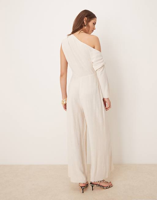 ASOS DESIGN Linen Fallen Shoulder Jumpsuit In Oat